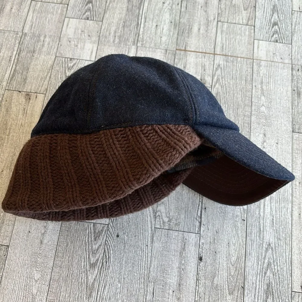 Ear-Flap Hat Blue Wool brown cableknit plaid flannel‎ lined S/M Gap Vintage